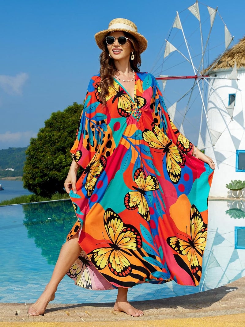 IMAGEKOPE Women's Plus Size Animal Print V-Neck Batwing Kaftan Beach Dress Bathing Suit Cover-Up Loungewear - Image 4
